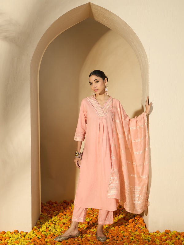 Peach Gleam Mirror Work Embroidered Cotton Kurta with Trousers & Dupatta