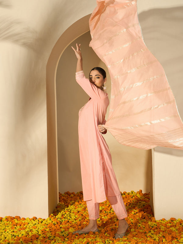Peach Gleam Mirror Work Embroidered Cotton Kurta with Trousers & Dupatta