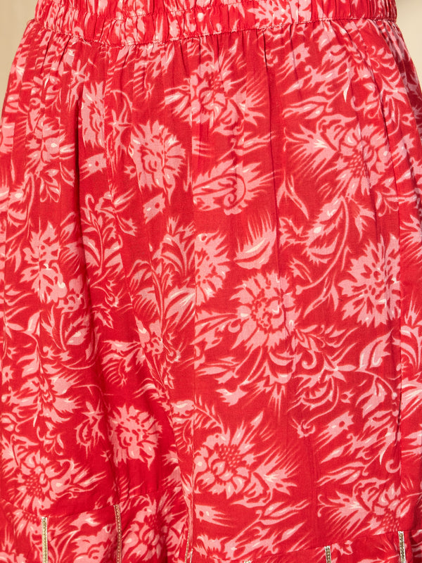 Carmine Red Floral Cotton Anarkali Kurta with Sharara & Dupatta