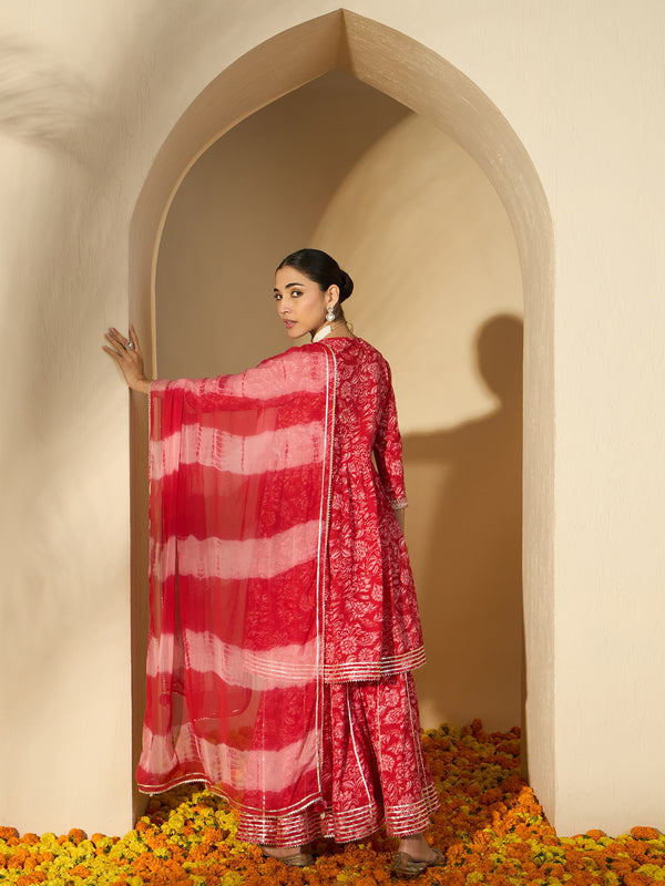 Carmine Red Floral Cotton Anarkali Kurta with Sharara & Dupatta
