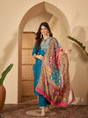 Teal Serenade Silk Blend Embroidered Kurta Set with Dupatta