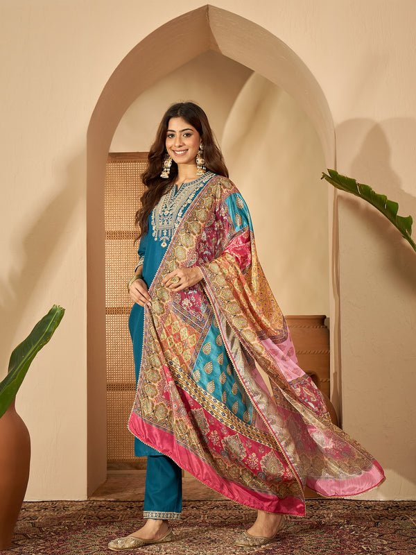 Teal Serenade Silk Blend Embroidered Kurta Set with Dupatta