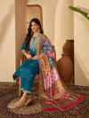 Teal Serenade Silk Blend Embroidered Kurta Set with Dupatta