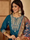 Teal Serenade Silk Blend Embroidered Kurta Set with Dupatta