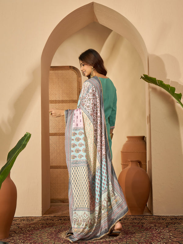 Seaside Glow Silk Blend Sea Green Embroidered Kurta Set with Dupatta