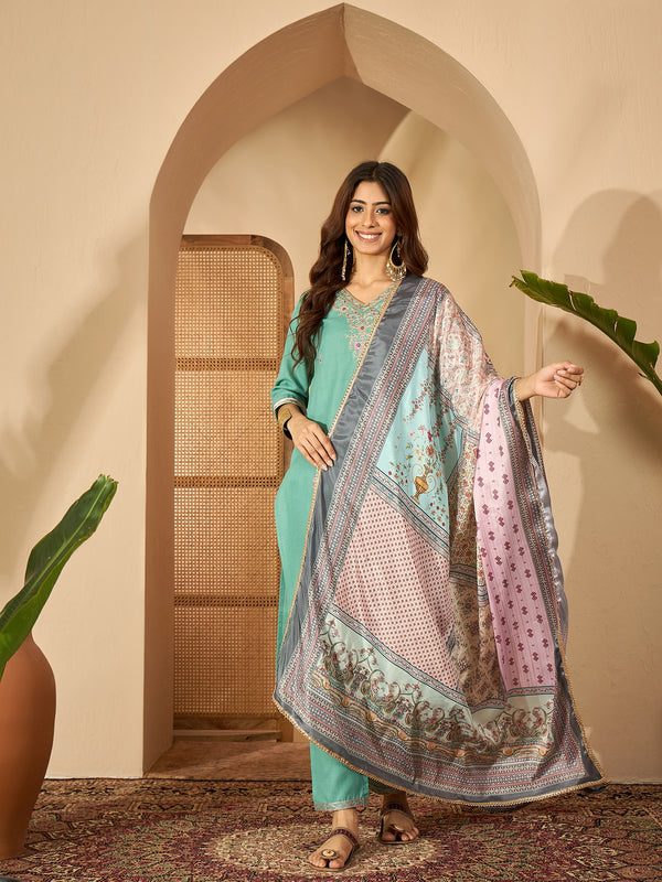 Seaside Glow Silk Blend Sea Green Embroidered Kurta Set with Dupatta