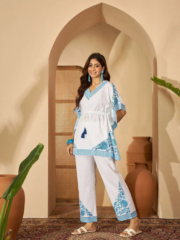 Aara – Pure Cotton V-Neck Kaftan & Trousers Co-Ord Set - BANDIA