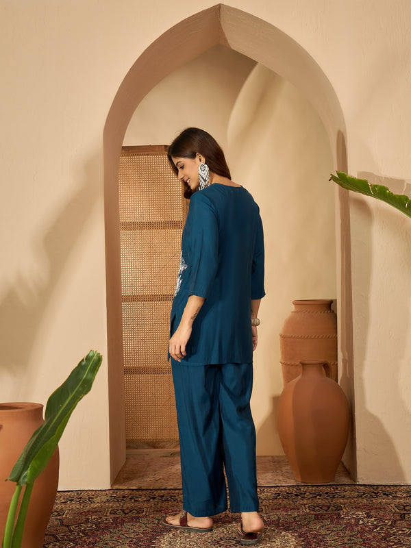 Ruhani Azure – Embroidered V-Neck Tunic with Trouser Co-Ord Set
