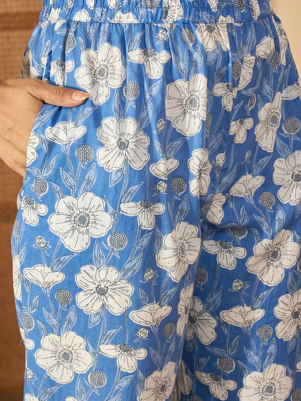 Viona Blue & White Floral Printed Shirt and Trouser Co-ord Set