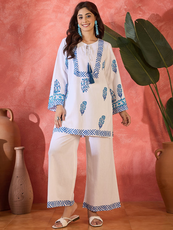 Nilaya Blue Block Printed Pure Cotton Tunic & Trousers Co-Ord Set