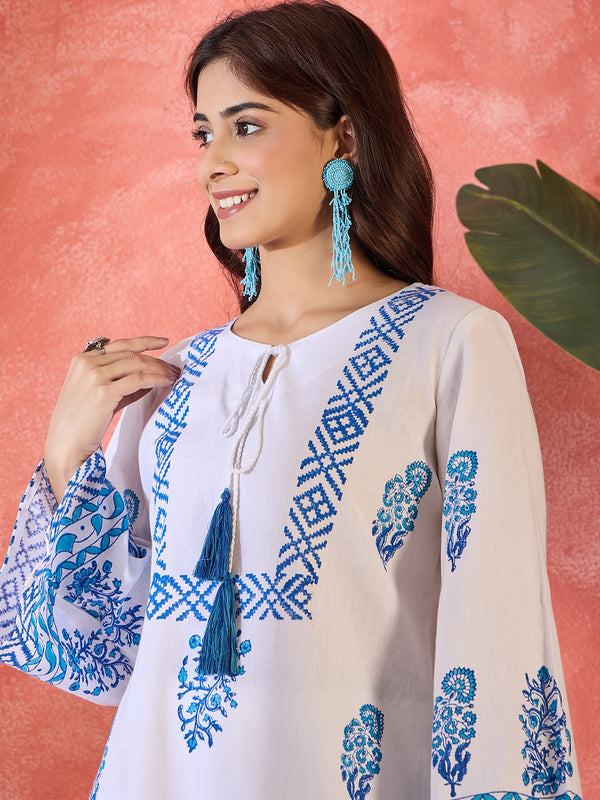 Nilaya Blue Block Printed Pure Cotton Tunic & Trousers Co-Ord Set
