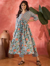 Sage Bloom Floral Printed & Embroidered Pure Cotton Anarkali Kurta with Trouser & Dupatta