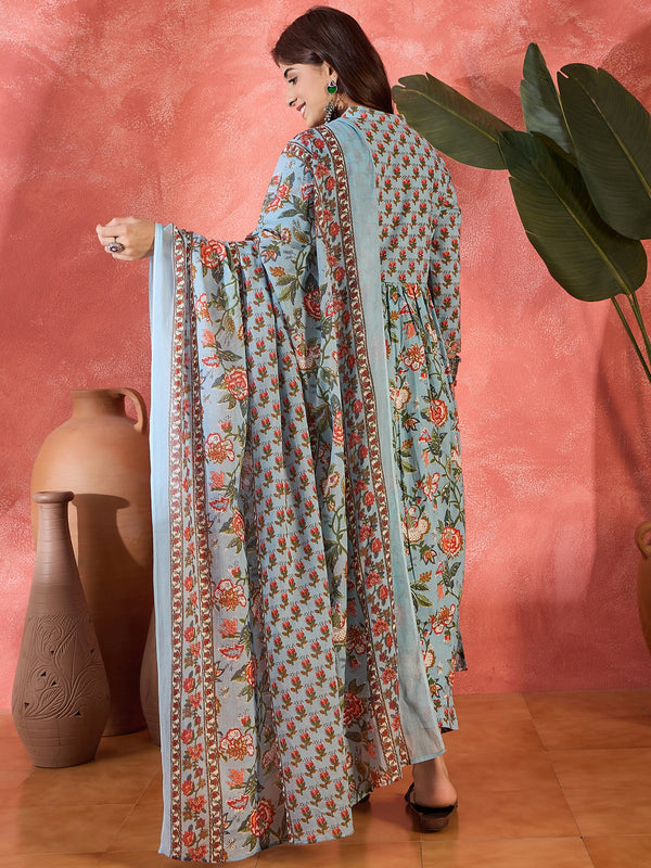 Sage Bloom Floral Printed & Embroidered Pure Cotton Anarkali Kurta with Trouser & Dupatta