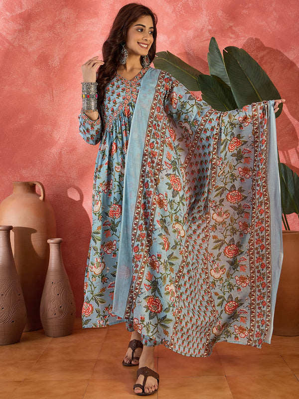 Sage Bloom Floral Printed & Embroidered Pure Cotton Anarkali Kurta with Trouser & Dupatta