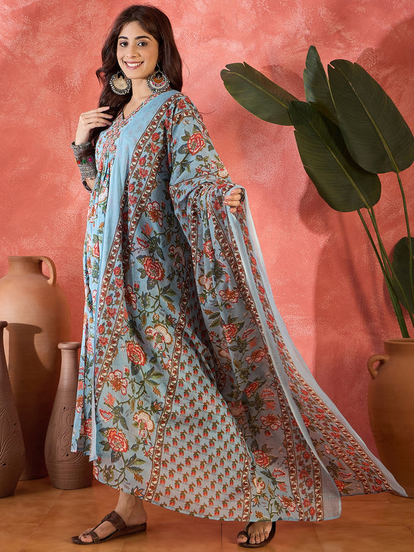 Sage Bloom Floral Printed & Embroidered Pure Cotton Anarkali Kurta with Trouser & Dupatta