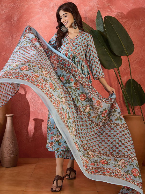 Sage Bloom Floral Printed & Embroidered Pure Cotton Anarkali Kurta with Trouser & Dupatta
