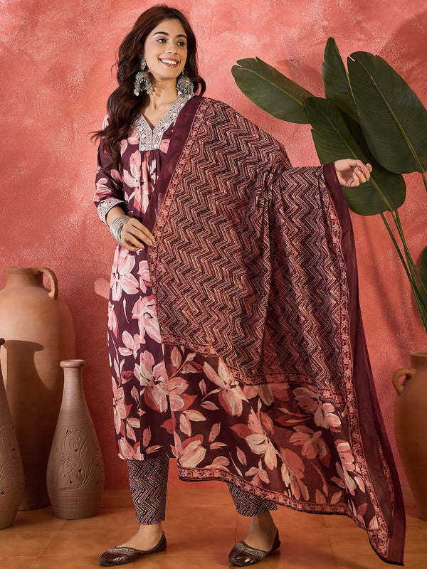 Cocoa Bloom Brown Pure Cotton Printed Kurta Set with Dupatta