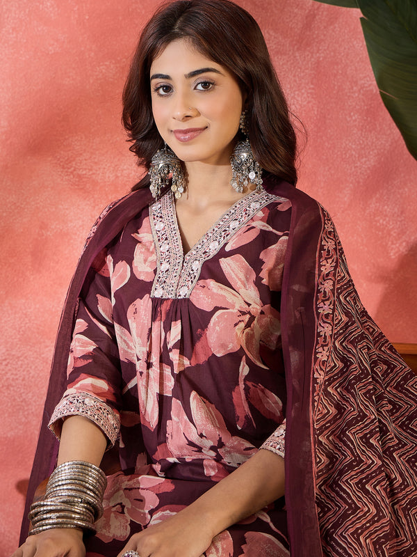 Cocoa Bloom Brown Pure Cotton Printed Kurta Set with Dupatta