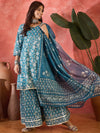 Crystal Wave Turquoise Pure Cotton Printed Kurta Sharara Set with Dupatta