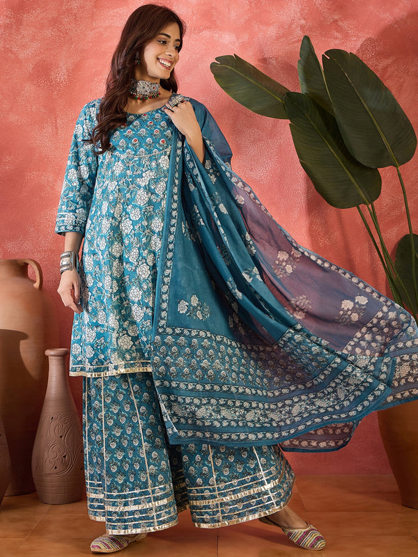 Crystal Wave Turquoise Pure Cotton Printed Kurta Sharara Set with Dupatta