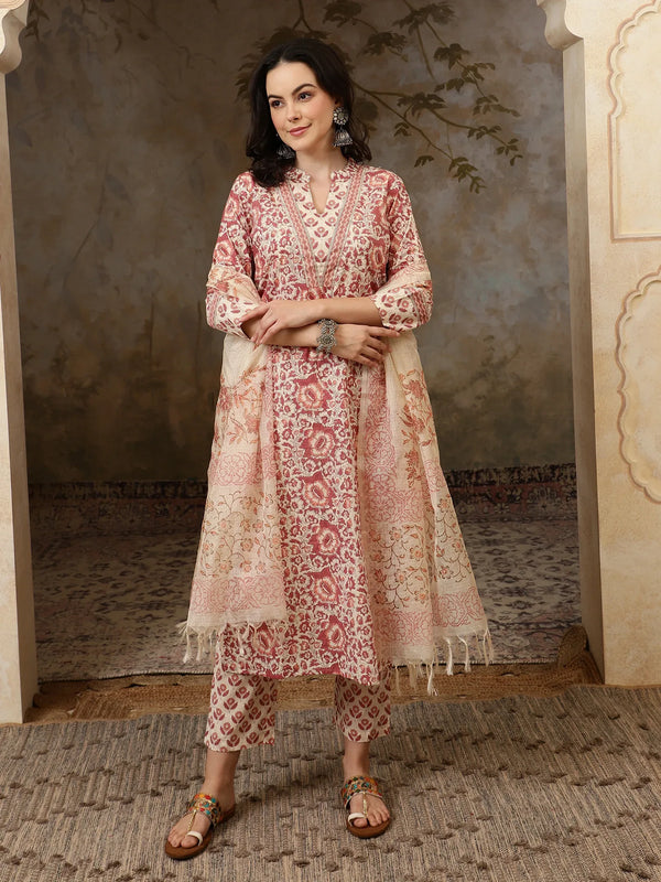 Amaira Floral Printed Straight Pure Cotton Kurta Set with Trousers & Dupatta - BANDIA