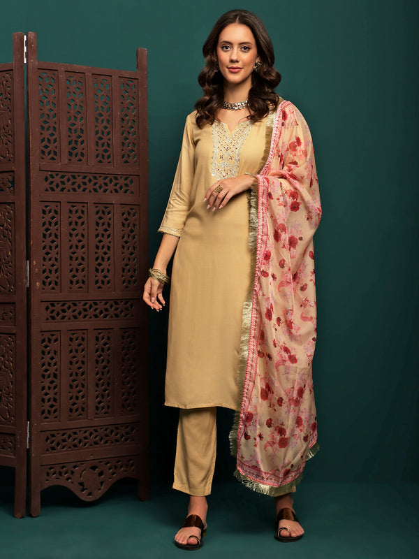 Lunar Taupe Embroidered Straight Kurta Pant with Dupatta Set