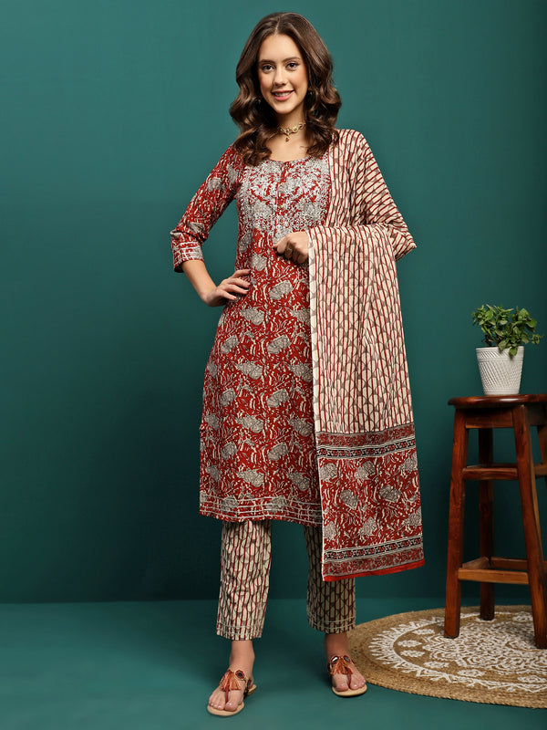 Ruby Harvest Printed Pure Cotton Kurta With Trouser & Dupatta Set