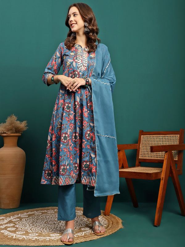 Celeste Grace Printed Pure Cotton A-Line Kurta Pant with Dupatta Set