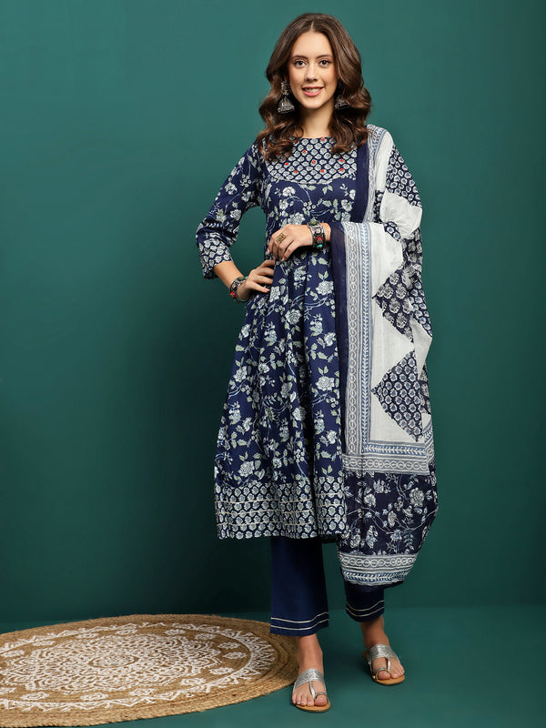 Printed Pure Cotton Anarkali Kurta With Trouser & Dupatta Set