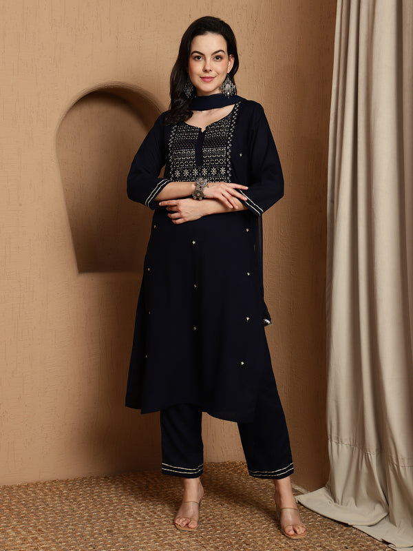 Olive Gleam Embroidered Viscose Rayon Kurta Set with Dupatta