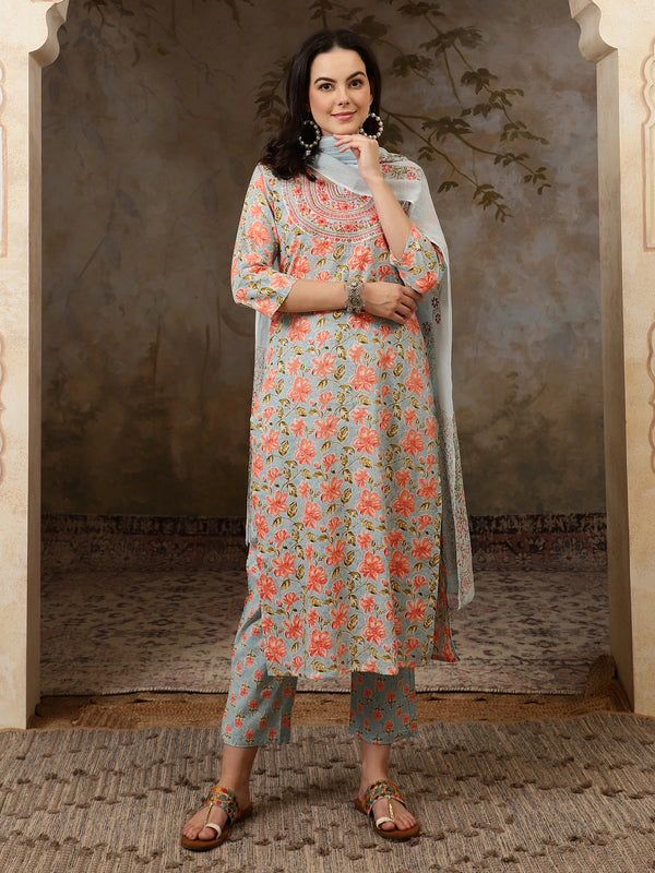 Neelika Floral Printed Blue Cotton Kurta with Trousers & Dupatta