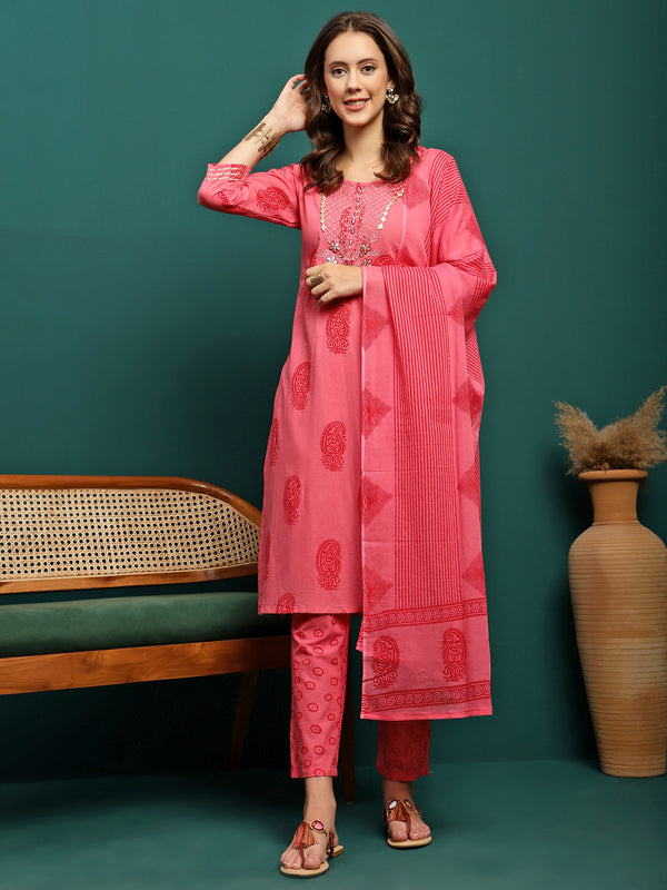 Blush Bloom Printed Pure Cotton Straight Kurta With Trouser & Dupatta Set