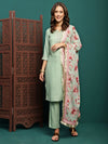 Mint Mirage Floral Embroidered Kurta & Trouser With Dupatta Set