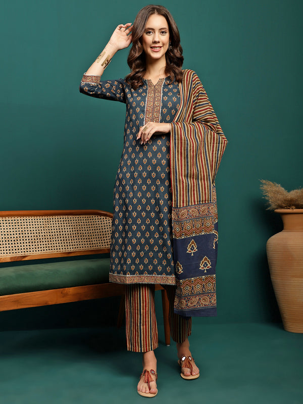 Ocean Drift Printed Pure Cotton Straight Kurta With Trouser & Dupatta Set
