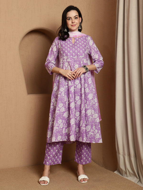 Lavender Bloom Floral Printed Notch Neck Pure Cotton Anarkali Kurta & Trousers With Dupatta