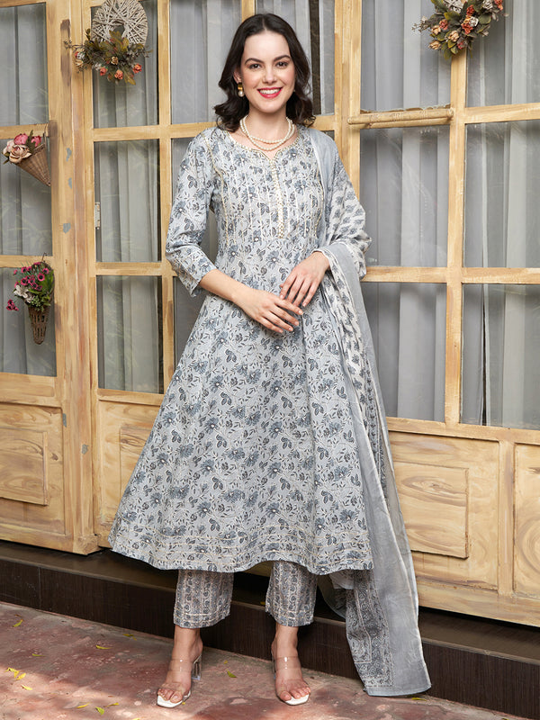 Serene Bloom Floral Printed Kurta Pant Dupatta Set
