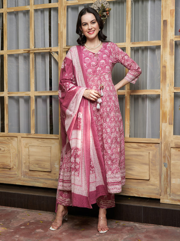 Ethnic Motifs Printed Pure Cotton Kurta with Trousers & Dupatta