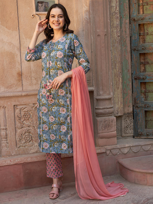 Blue Floral Printed Gotta Patti Pure Cotton Kurta with Trousers & Dupatta