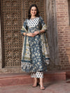 Navy Blue Floral Printed Pure Cotton Anarkali Kurta With Trouser & Dupatta