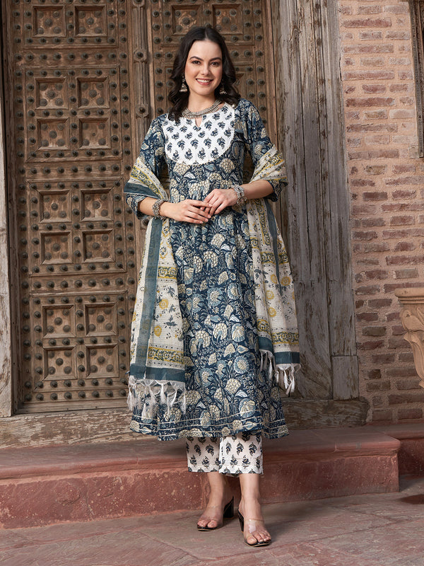 Navy Blue Floral Printed Pure Cotton Anarkali Kurta With Trouser & Dupatta