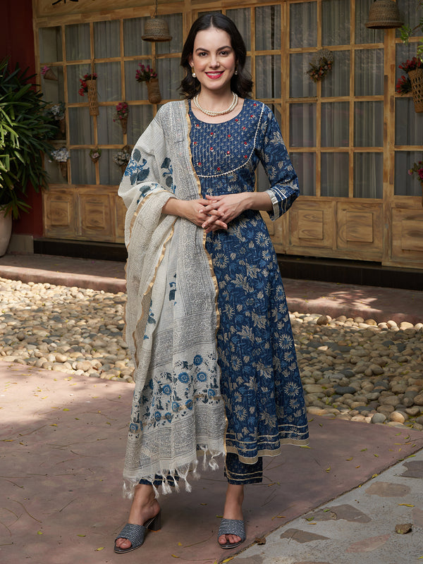Blue Printed Gotta Patti Pure Cotton Empire A-Line Kurta with Trousers & Dupatta
