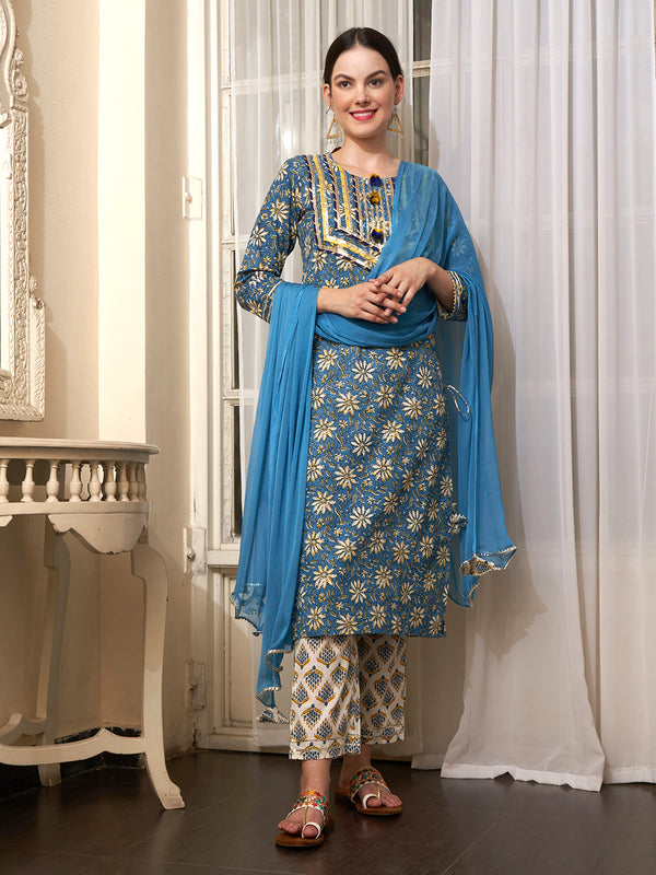Aqua Bloom Turquoise Cotton Printed Kurta Pant with Dupatta Set Ethnic Wear for Women