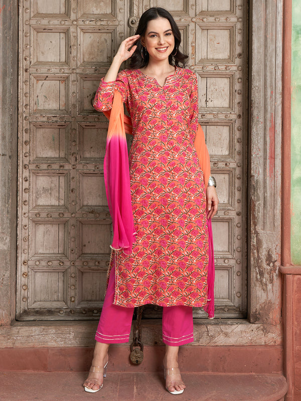 Floral Printed Gotta Patti Pure Cotton Straight Kurta with Trousers & Dupatta