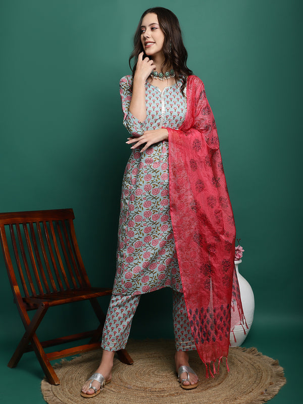 Sea Green Floral Printed Pure Cotton Kurta with Palazzos & Dupatta