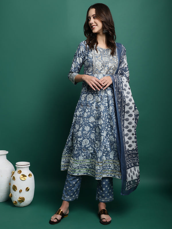 Blue Printed Thread Work Pure Cotton Empire A-Line Kurta with Trousers & Dupatta