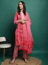 Red Printed Pure Cotton Kurta With Trouser & Dupatta
