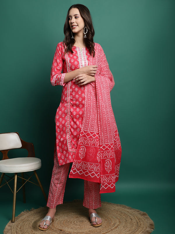Red Printed Pure Cotton Kurta With Trouser & Dupatta