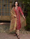 Maroon Floral Printed Angrakha Pure Cotton Kurta with Trousers & Dupatta