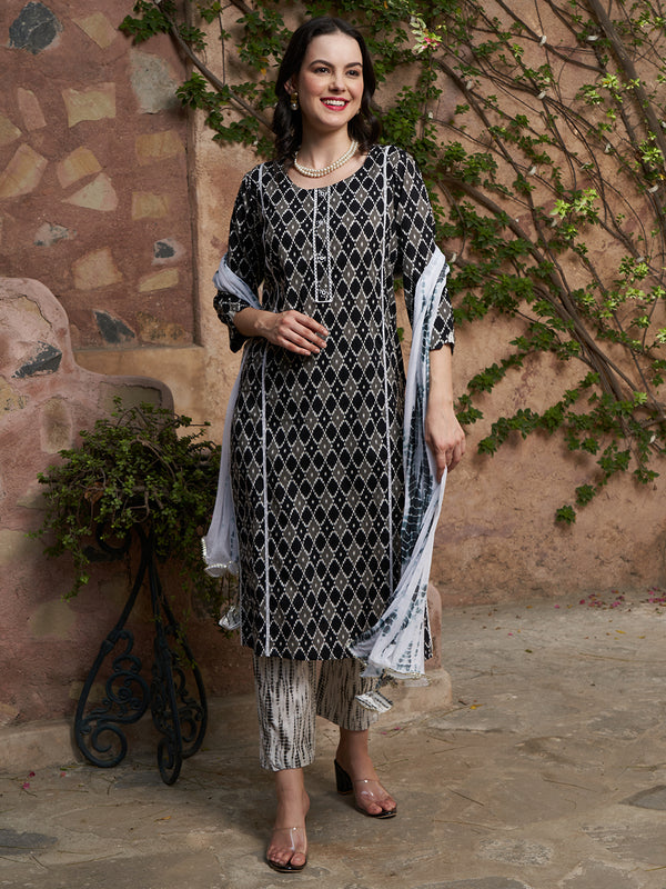 Midnight Matrix Geometric Printed Kurta Pant with Dupatta Set