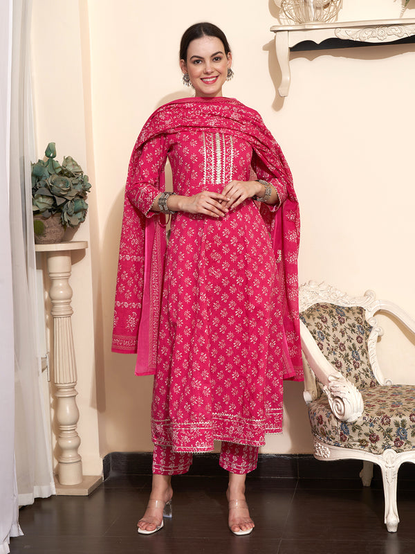 Printed & Embroidered Pure Cotton A-Line Kurta With Trouser & Dupatta